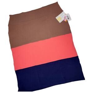 LuLaRoe Cassie Skirt 3XL Brown Coral Navy Colorblock Bold Retro Fitted Pencil